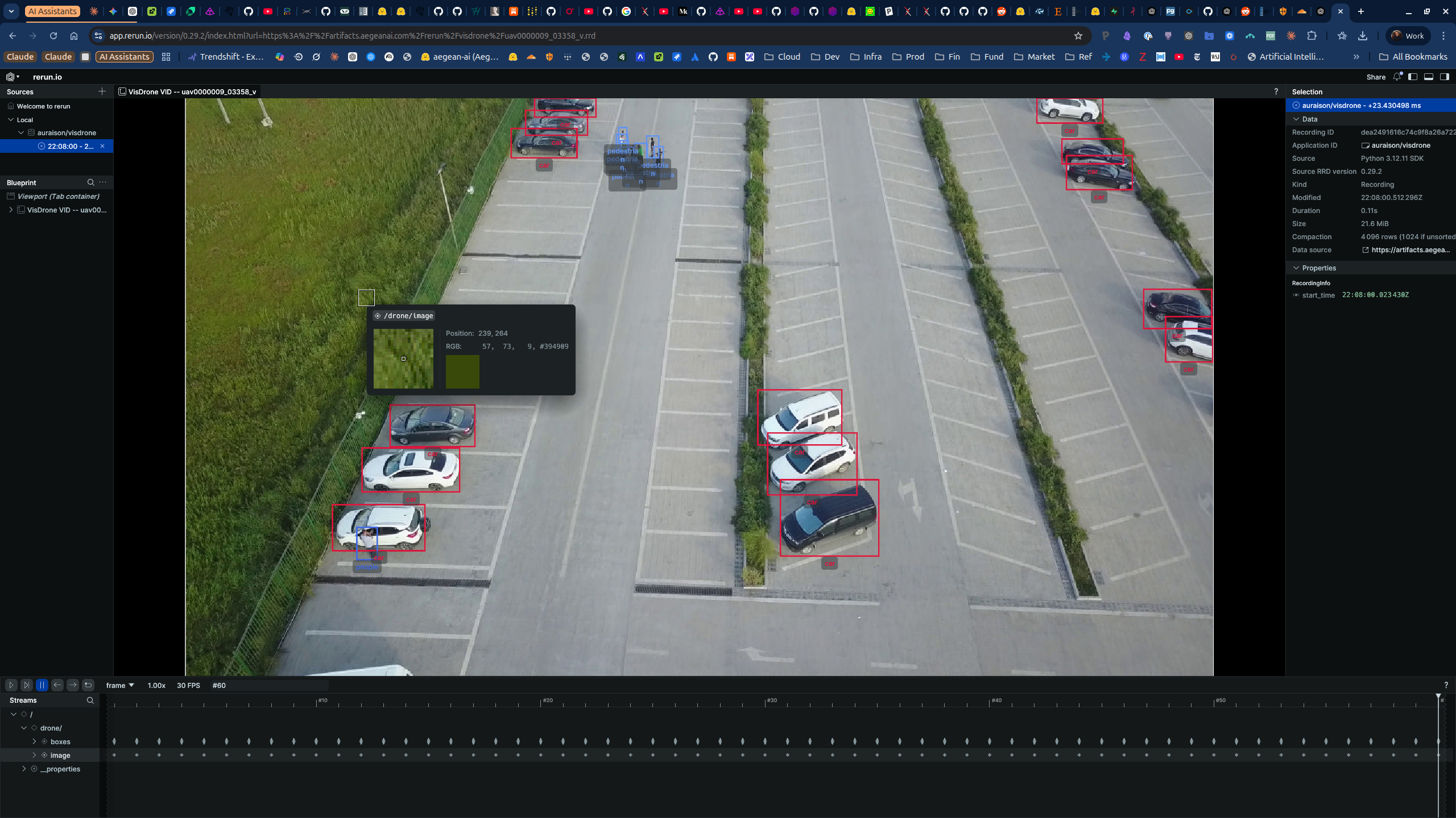 VisDrone aerial video with bounding box overlays in the Rerun web viewer